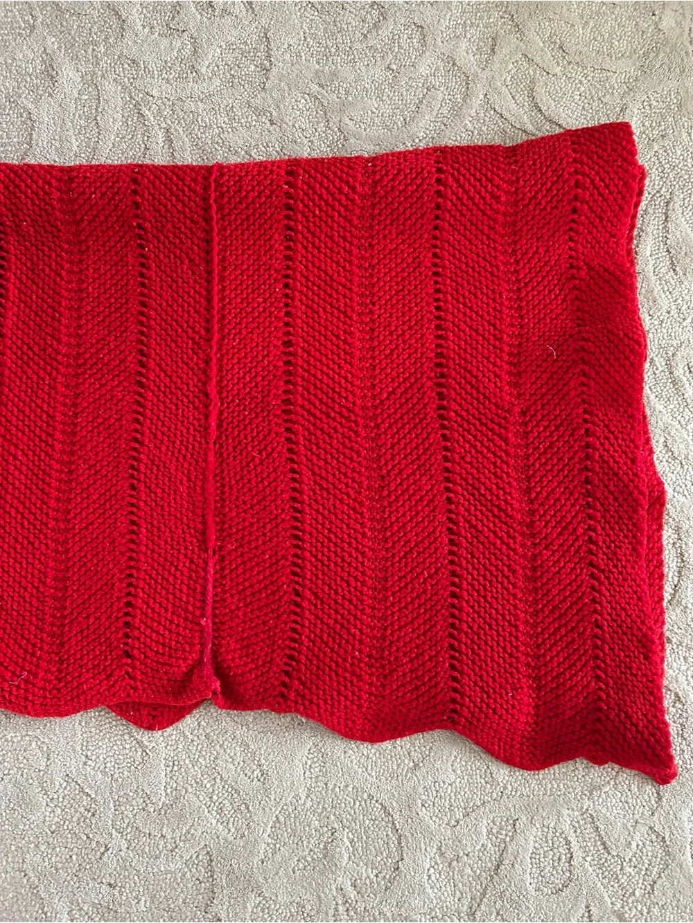 Vintage Handmade Afghan Blanket Crochet Knit 45x60 Red Scalloped Hem Holiday